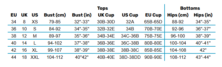 2025 ONeill Womens Bikinis  Size Chart